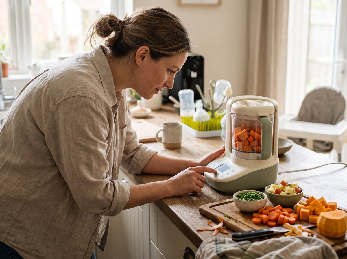 Parent checking a baby food maker and its cup in the kitchen.